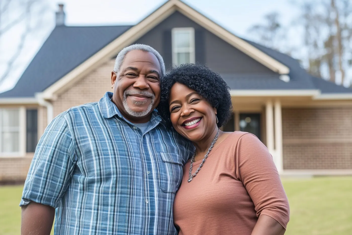 Smiling older couple posing in front of their house
