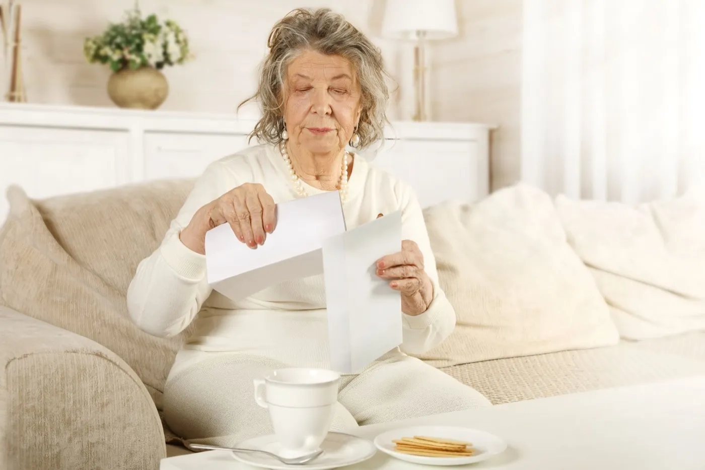 older woman opening mail on couch