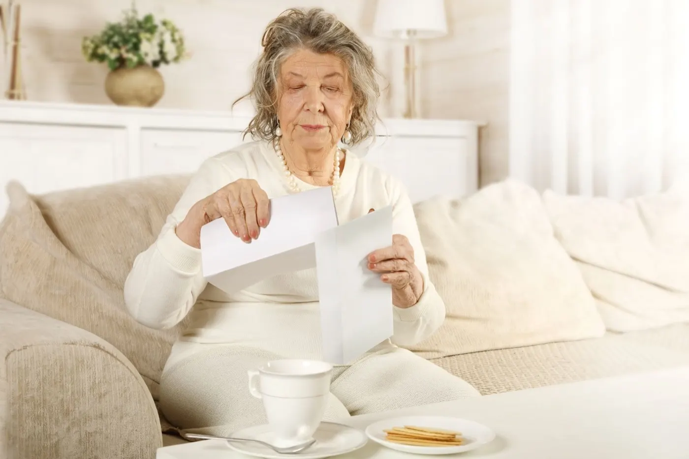 older woman opening mail on couch